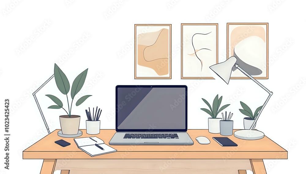 Modern Cozy Workspace with Greenery & Laptop on Wooden Desk Modern Cozy Workspace with Greenery & Laptop on Wooden Desk