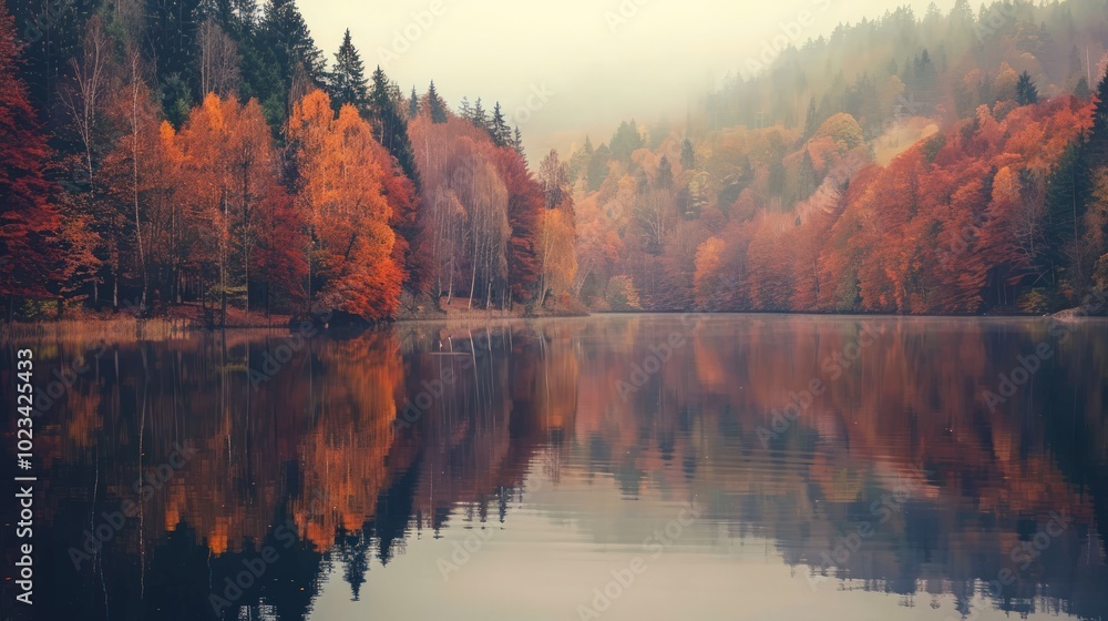 Obraz premium Autumnal Forest Reflecting on a Misty Lake