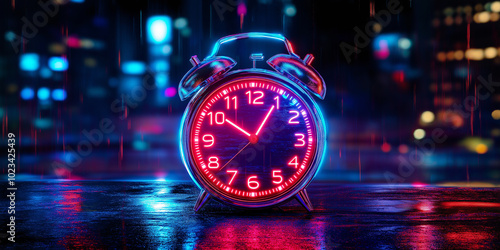 Alarm clock showing five minutes past nine with neon city background photo