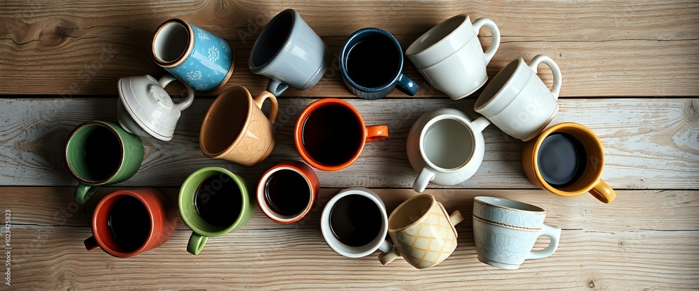 Vibrant Collection of Nine Colored Coffee Mugs on Wooden Surface (21:9 Aspect Ratio) Vibrant Collection of Nine Colored Coffee Mugs on Wooden Surface (21:9 Aspect Ratio)