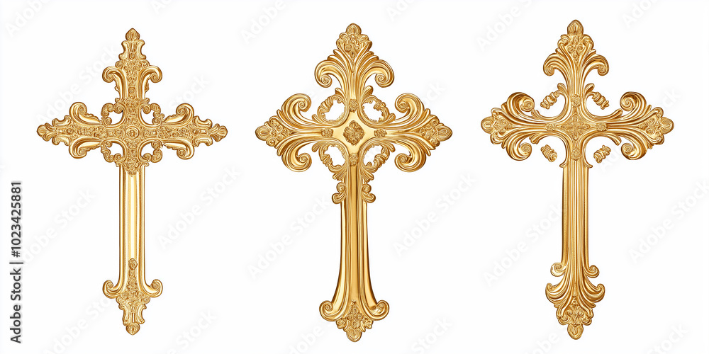Three golden ornate crosses with floral design on white background Three golden ornate crosses with floral design on white background