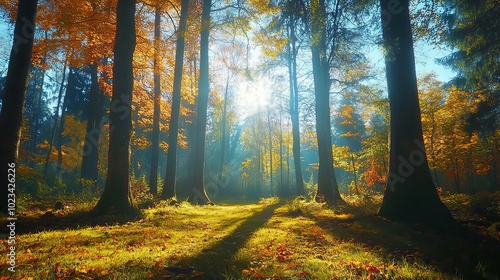 Colorful autumn forest with sunlight filtering through the trees. 