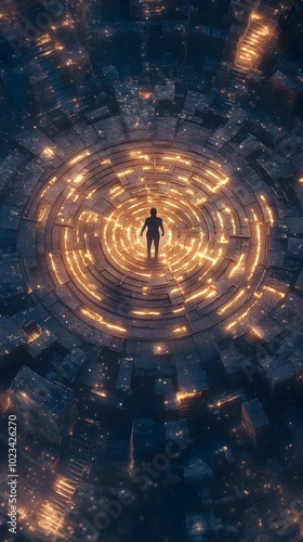A person standing in the center of an endless maze, surrounded by intricate paths leading to various obstacles