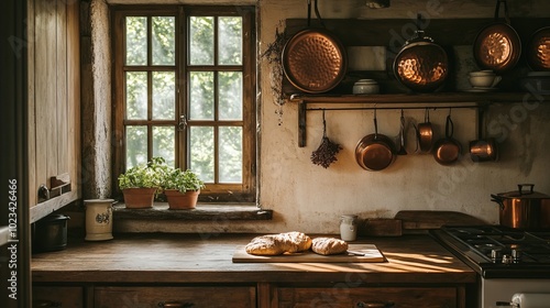 Cozy Rustic Kitchen with Wooden Countertops and Copper Pots, Freshly Baked Bread, Sunlit Farmhouse Interior, Warm and Inviting Space, Country Home, Generated AI