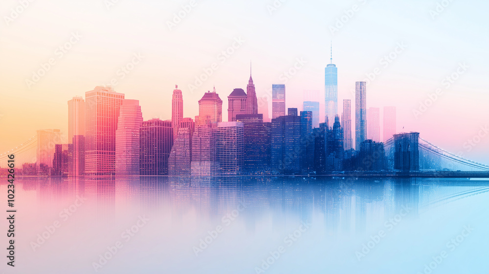 Fototapeta premium bridge and a cityscape at twilight, vibrant colors merging with the steel beams