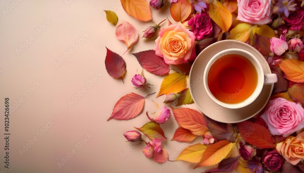 A tranquil autumn flat lay featuring a cozy cup of tea surrounded by colorful leaves and blooming roses. Generative AI A tranquil autumn flat lay featuring a cozy cup of tea surrounded by colorful leaves and blooming roses. Generative AI