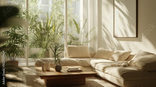 Bright and Cozy Living Room with Large Windows and Green Plants - Modern Interior Design, Sunlit Home, Nature-Inspired Decor, Comfortable Space, Generated AI