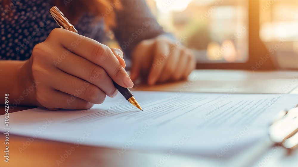 Close-Up of Female Hands Signing Document, Business Agreement, Legal Contract, Paperwork, Signature, Generated AI Close-Up of Female Hands Signing Document, Business Agreement, Legal Contract, Paperwork, Signature, Generated AI