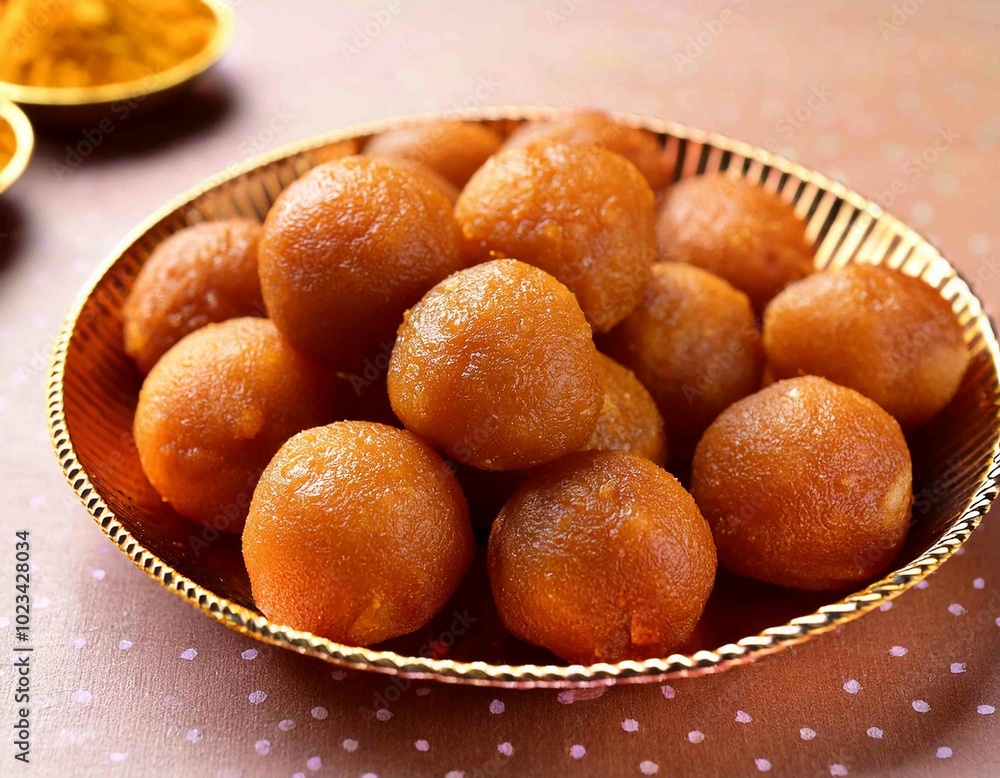 Indian Diwali Festival snacks or sweet called Laddoo Motichur Laddu serve in plate Indian Diwali Festival snacks or sweet called Laddoo Motichur Laddu serve in plate