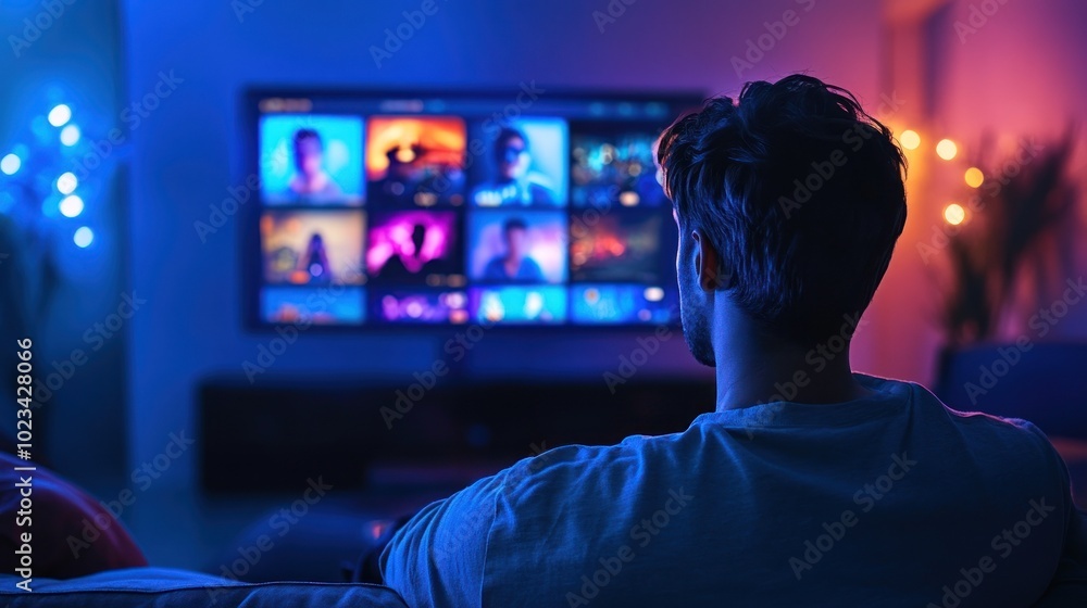 Back view of man at home in vibrant digital setting. Back view of man at home in vibrant digital setting.