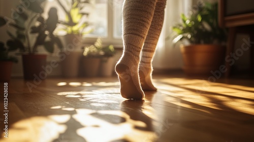 Bare Feet Dancing on Sunlit Wooden Floor in Cozy Home, Warm Interior with Potted Plants, Graceful Movement, Natural Light, Peaceful Atmosphere, Generated AI