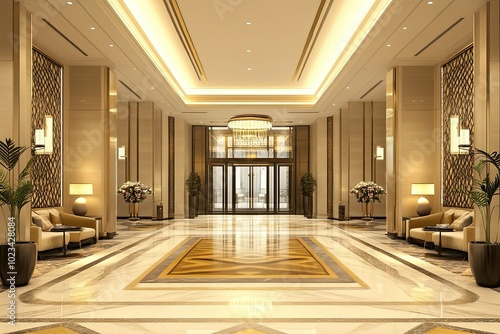 modern yellow and beige hotel entrance design with elegant lamps and luxury marble floor 