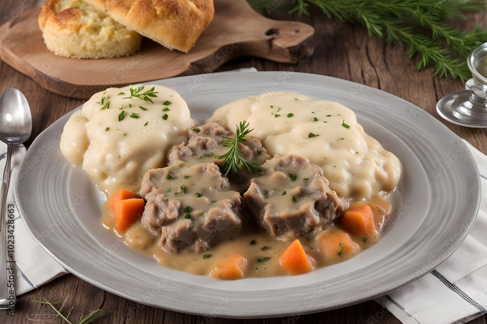 A serving of czech svkov a beef dish with creamy vegetable sauce and bread dumplings, Ai Generated A serving of czech svkov a beef dish with creamy vegetable sauce and bread dumplings, Ai Generated