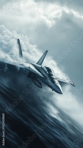 A fighter jet soars through turbulent skies, cutting through dramatic clouds and waves, showcasing power and agility in a high-octane environment.