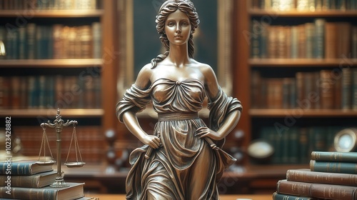 lady of justice statue standing in a lawyers office symbolizing the pursuit of truth and justice surrounded by legal books and a dignified atmosphere