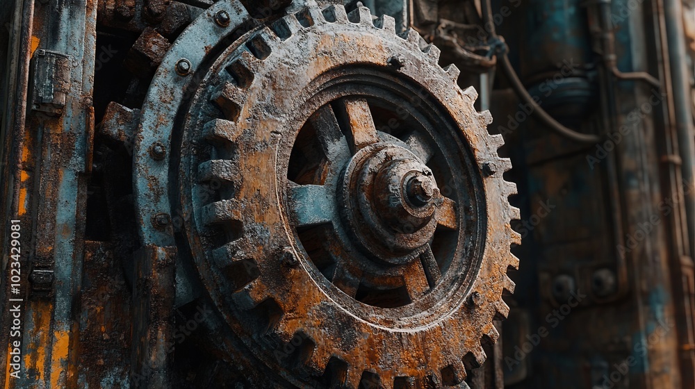 Close-Up of Rusty Metal Gear with Corroded Surface and Industrial Details. Mechanical Part Highlighting Wear, Aging, and Industrial Engineering Themes, Generated AI Close-Up of Rusty Metal Gear with Corroded Surface and Industrial Details. Mechanical Part Highlighting Wear, Aging, and Industrial Engineering Themes, Generated AI