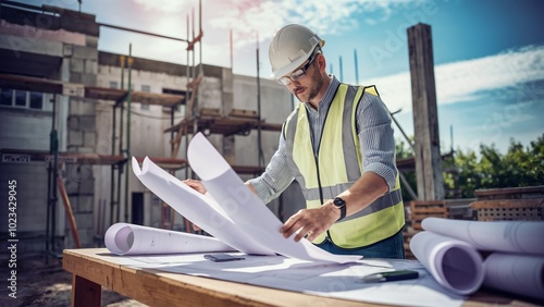 Architect analyzing blueprints at an active construction site with scaffolding