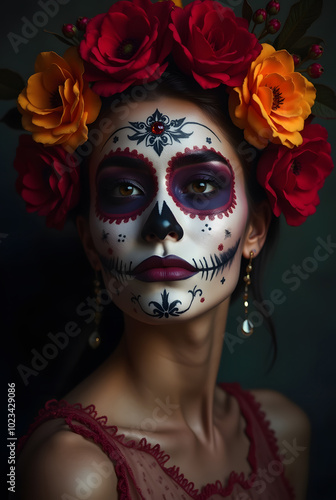 Beautiful Woman with Day of the Dead Makeup in Magical Atmosphere