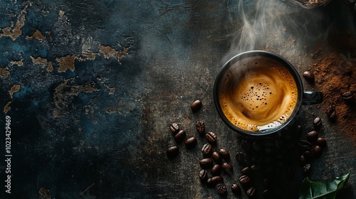 Top View of Steaming Espresso Cup with Coffee Beans on Rustic Dark Background with Copy Space for Text, Freshly Brewed Coffee, Generated AI