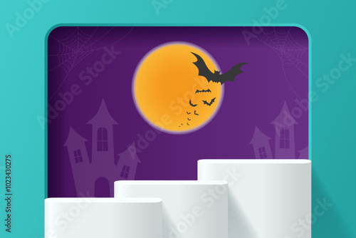 Halloween promotion display banner. Full moon with bat flying on purple background. Abstract 3D promotion mockup podium.