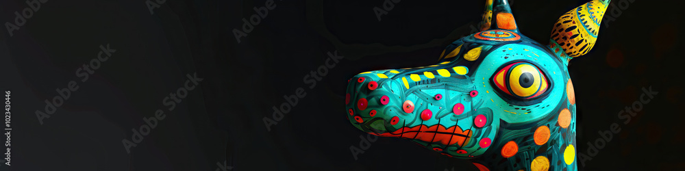 Obraz premium A contemporary rendering of a traditional Oaxacan alebrije figure, painted with vivid hues of turquoise, magenta, and yellow on a deep black abstract background.