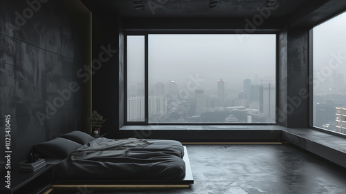 Minimalist moody bedroom in a residential building. Real estate concept image photo