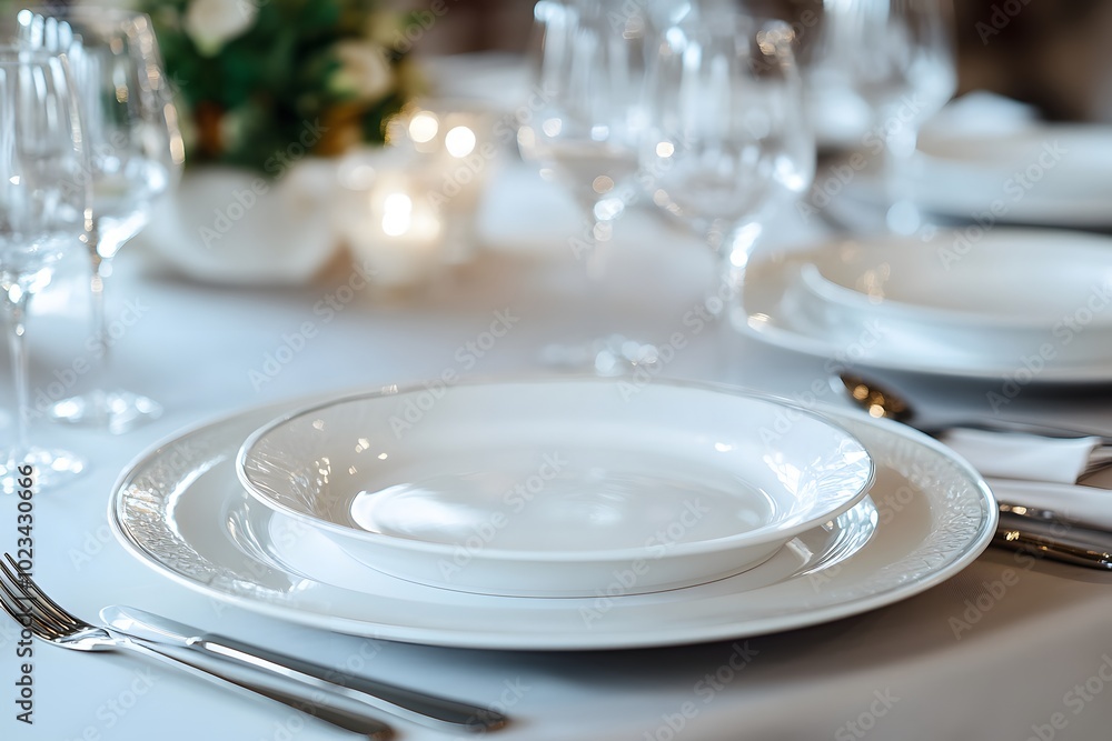 elegant dining table with white luxury set of plates, forks, knifes and spoons elegant dining table with white luxury set of plates, forks, knifes and spoons