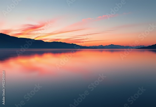 Serene Sunrise Over Calm Lake with Reflective Mountains