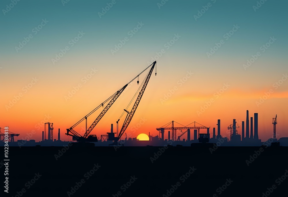 Sunset Construction Site with Tower Cranes and Equipment Yard Sunset Construction Site with Tower Cranes and Equipment Yard