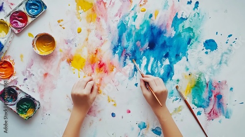 Painter hands painting on table with art supplies. Hands with brush painting with watercolor abstract stains. Hands paintbrush. Drawing on a white sheet of paper. Creativity and art.
