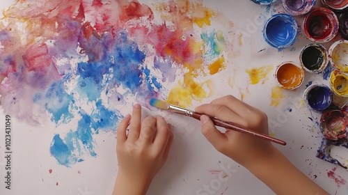 Painter hands painting on table with art supplies. Hands with brush painting with watercolor abstract stains. Hands paintbrush. Drawing on a white sheet of paper. Creativity and art. 