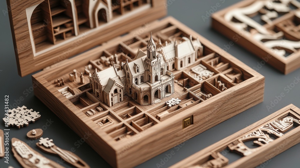 Detailed wooden model kit displayed in an elegant wooden box. Detailed wooden model kit displayed in an elegant wooden box.
