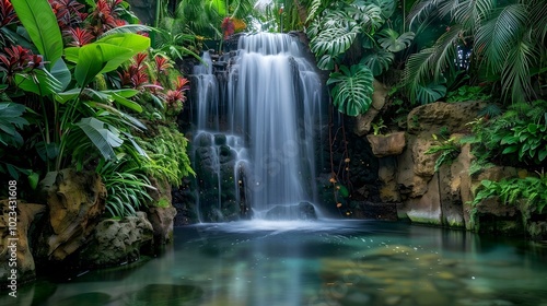 Serene tropical waterfall cascading into a lush jungle pool © Mateusz