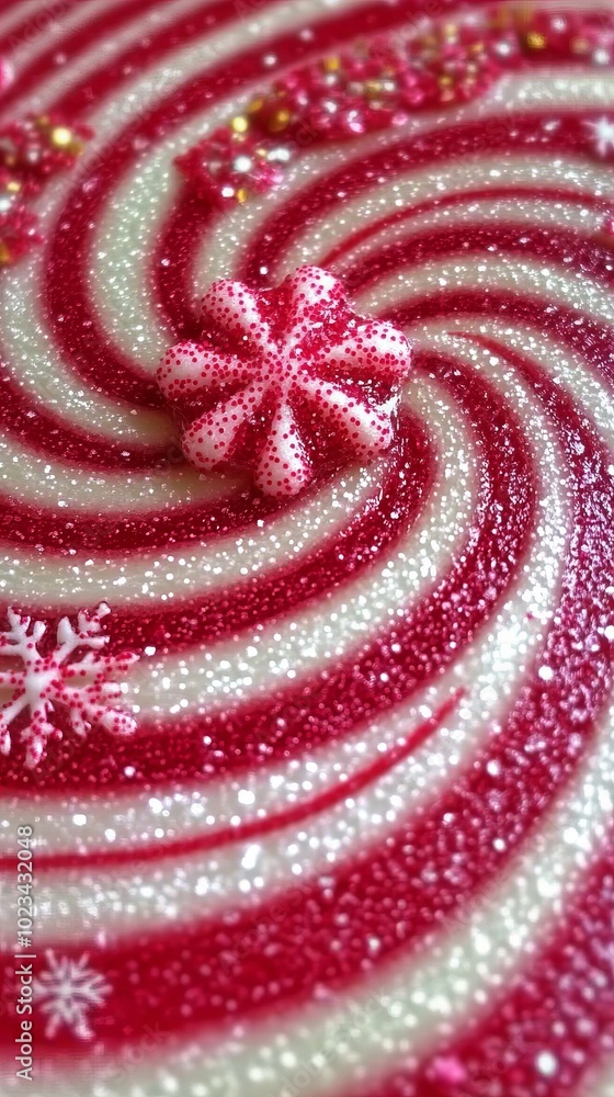 Close-up of a red and white candy cane swirl with a pink snowflake decoration. Close-up of a red and white candy cane swirl with a pink snowflake decoration.