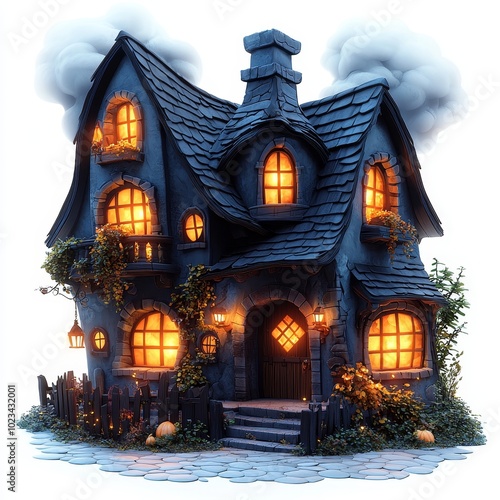 A white background with a haunted house illustration for Halloween.