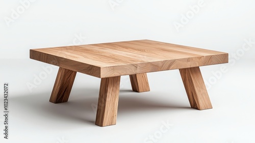 Square wooden coffee table with natural wood finish, isolated on white background.