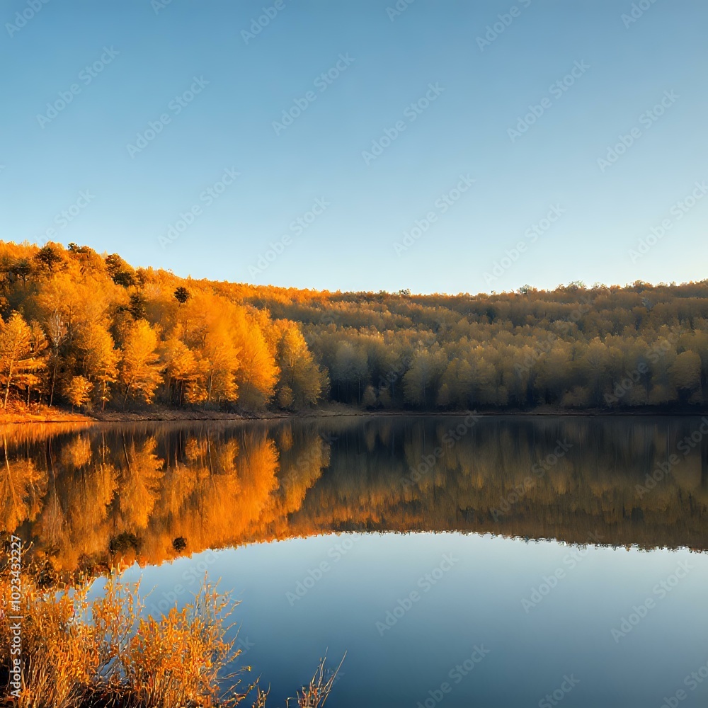 Obraz premium Serene Nature Scene: Blue Sky Reflected in Calm Lake with Ripples