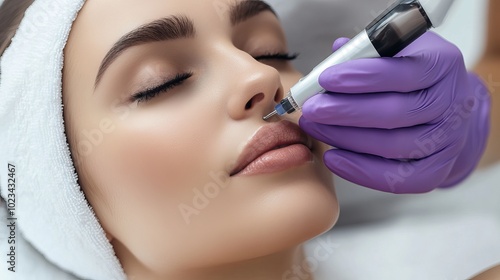 
Image of a beautiful young lady receiving facial dermapen microneedling treatment in beauty salon