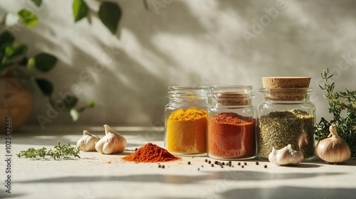 Fototapeta Naklejka Na Ścianę i Meble -  Various ground spices in bottles on white background.
