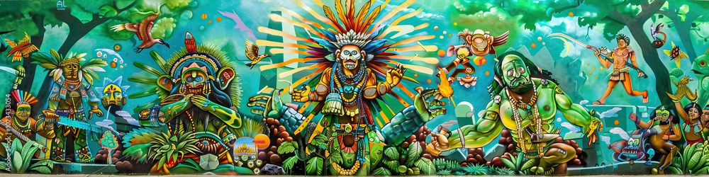 A whimsical mural depicting the worship of an indigenous Mexican deity, with bright greens, blues, and yellows highlighting the divinity's significance. A whimsical mural depicting the worship of an indigenous Mexican deity, with bright greens, blues, and yellows highlighting the divinity's significance.