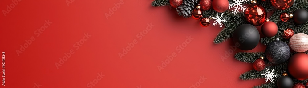 Create a vibrant 3D Christmas background featuring bold red and black colors Create a vibrant 3D Christmas background featuring bold red and black colors
