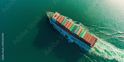 Large container ship delivering cargo at sea on open water