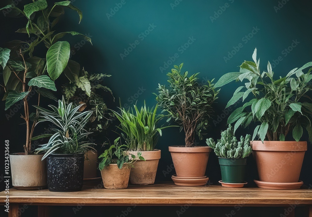 Fototapeta premium A Collection of Potted Plants Against a Teal Wall