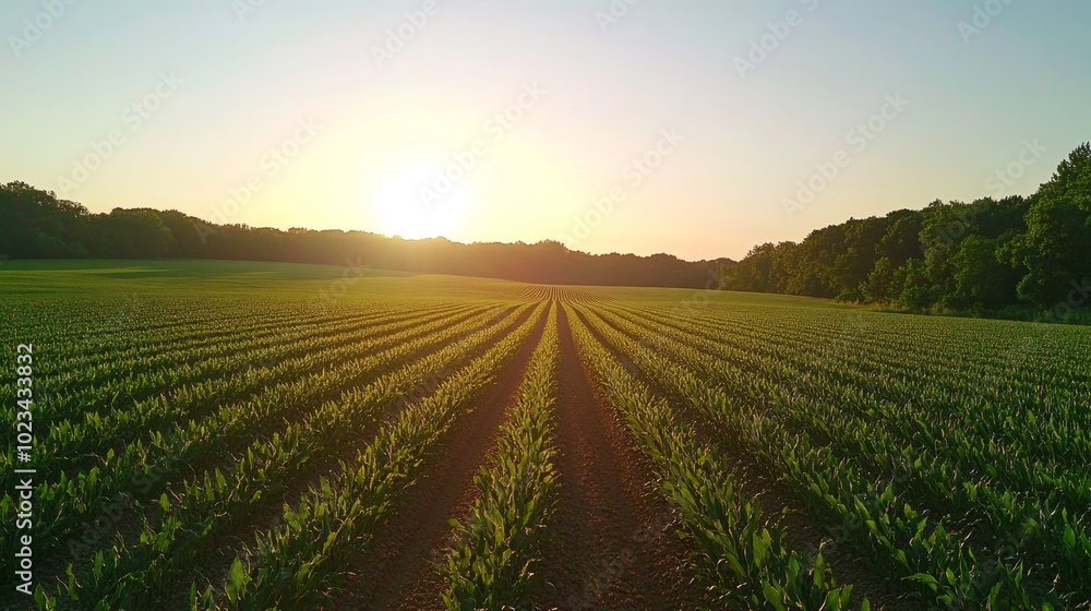 Aerial View of Green Crops Growing in Neat Rows at Sunrise. Agricultural Field Landscape, Farming and Natural Growth, Generated AI Aerial View of Green Crops Growing in Neat Rows at Sunrise. Agricultural Field Landscape, Farming and Natural Growth, Generated AI
