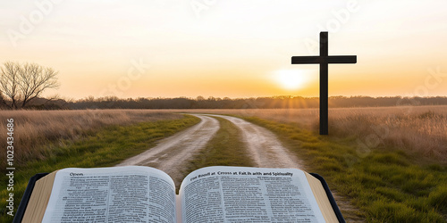 Open bible showing the way to the cross at sunset