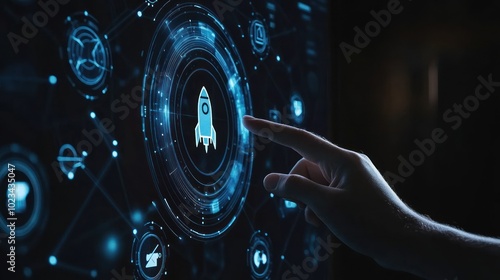 High-tech user interface featuring a futuristic rocket