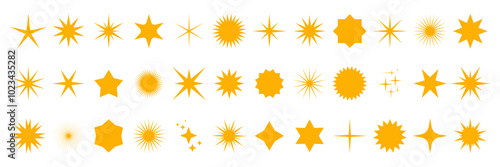 Set of yellow stars. Shining twinkle. Sparkle. Stars shapes collection for design template, poster, banner, brochure. Vector illustration isolated on white background