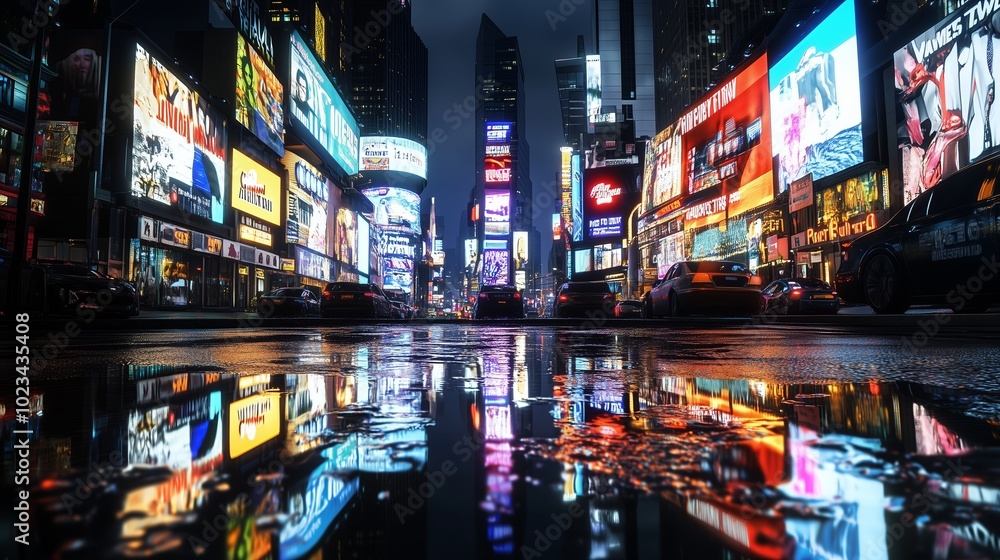 Vibrant Times Square at night reflected in puddles on the street showcasing bright lights and busy urban life Vibrant Times Square at night reflected in puddles on the street showcasing bright lights and busy urban life