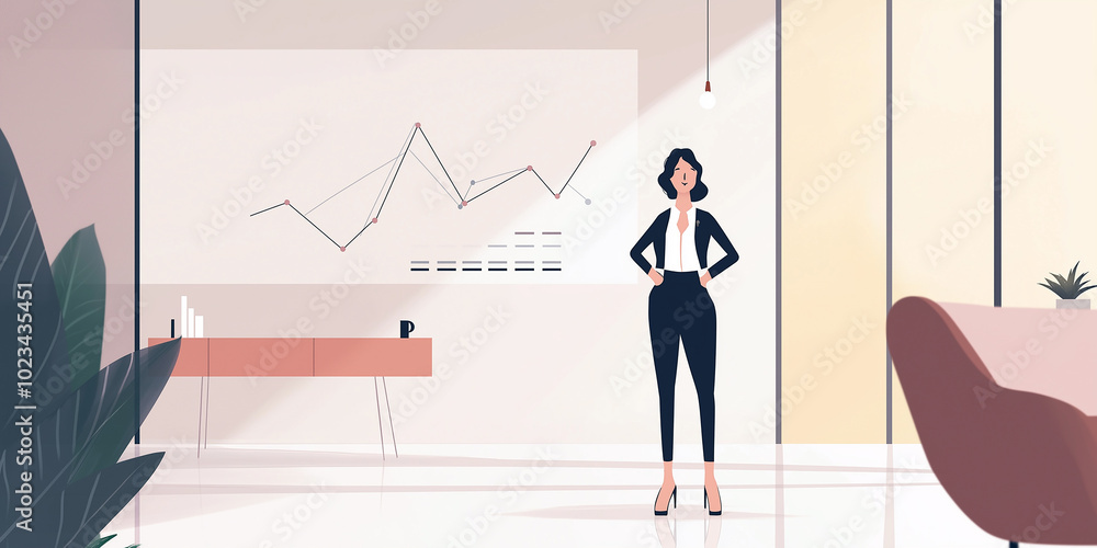 Confident businesswoman standing in modern office with graph on wall Confident businesswoman standing in modern office with graph on wall