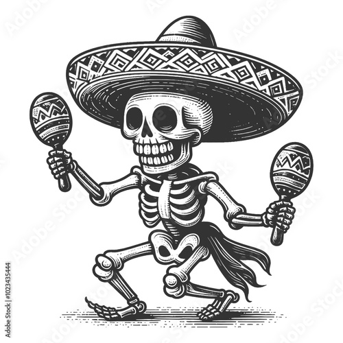 dancing skeleton in sombrero and shaking maracas, celebrating Mexican culture sketch engraving generative ai fictional character vector illustration. Scratch board imitation. Black and white image.